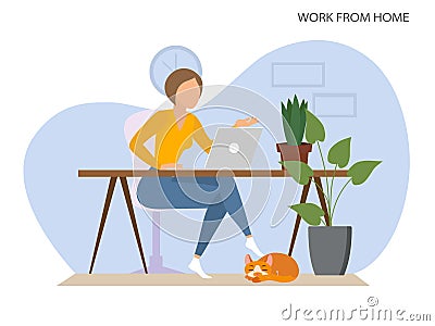 A woman working from home. sitting at home, a woman sits at a Desk and works on a laptop. Cozy interior of the room. Cartoon Illustration